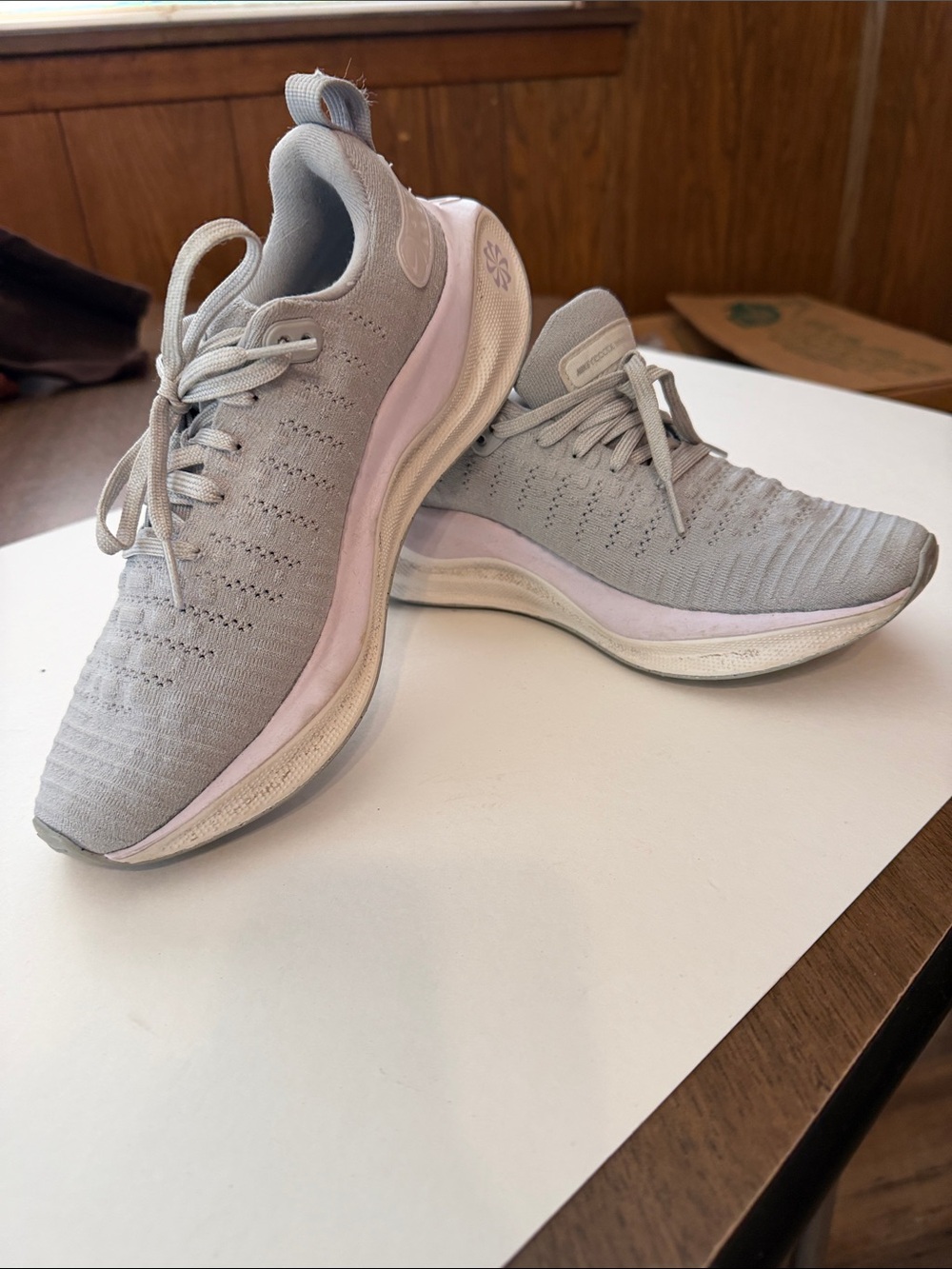 Nike Women's Light Grey Knit Running Shoes with Pale Pink Trim